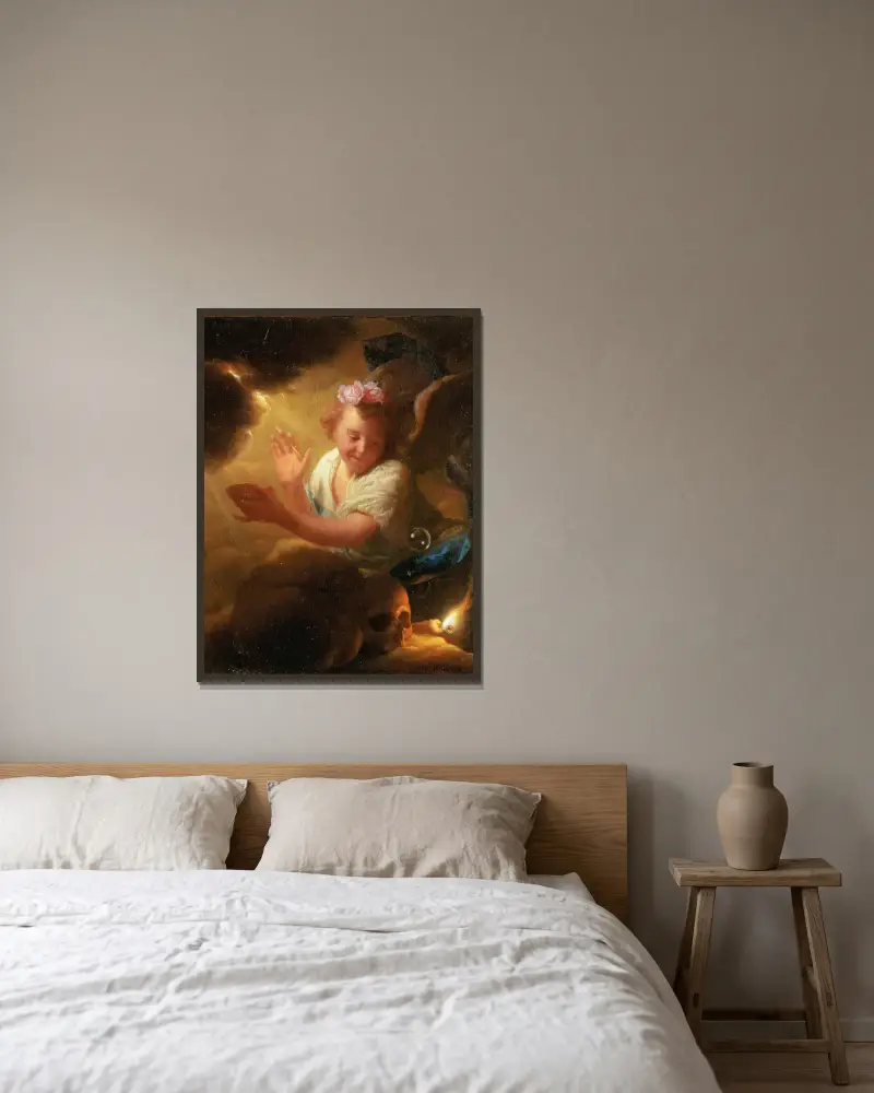 Allegori över människolivet av Godfried Schalcken inramad på en vägg