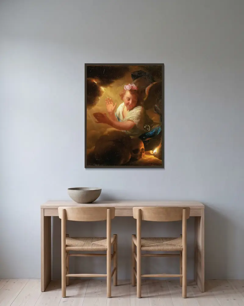 Allegori över människolivet av Godfried Schalcken inramad på en vägg