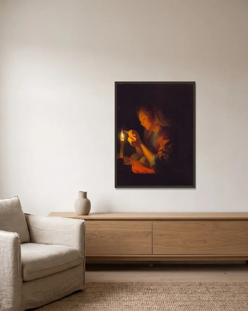 Flicka trär en nål i ljuset av ett stearinljus av Godfried Schalcken inramad på en vägg