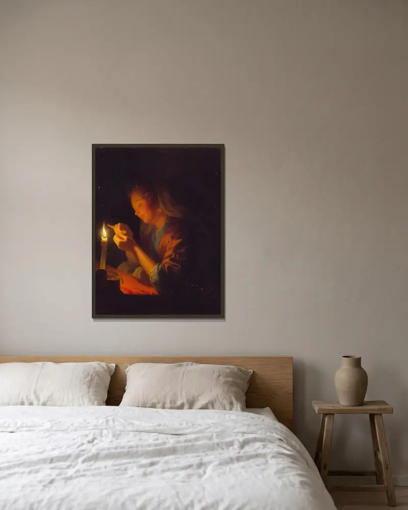 Flicka trär en nål i ljuset av ett stearinljus av Godfried Schalcken inramad på en vägg