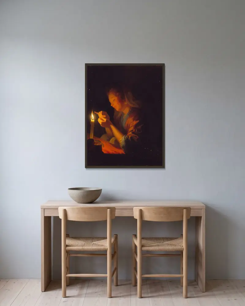 Flicka trär en nål i ljuset av ett stearinljus av Godfried Schalcken inramad på en vägg