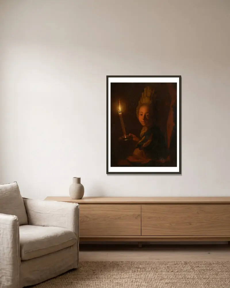 Flicka med brinnande ljus av Godfried Schalcken inramad på en vägg