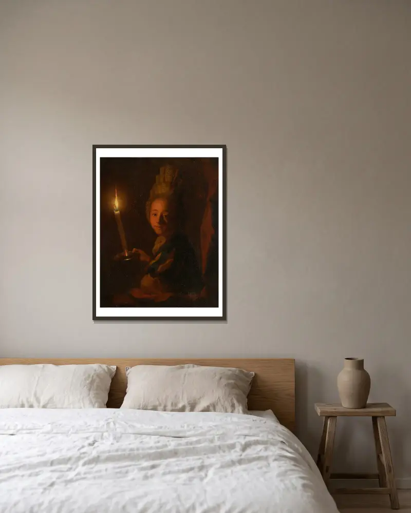 Flicka med brinnande ljus av Godfried Schalcken inramad på en vägg