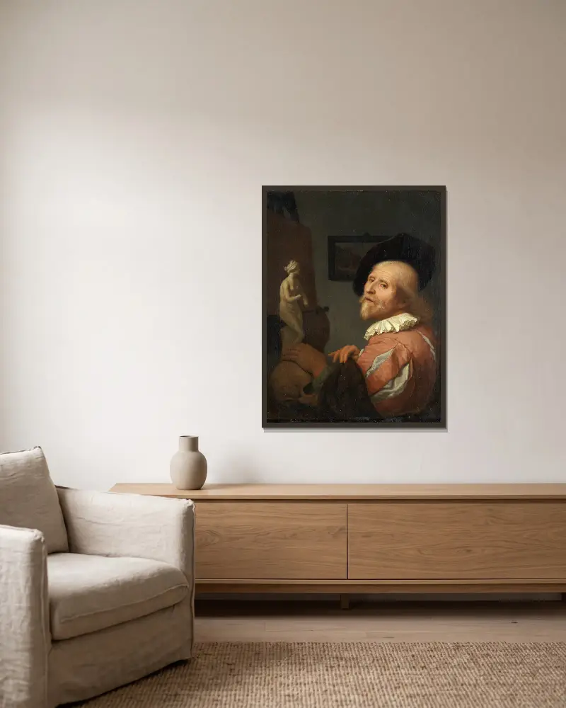Porträtt av en konstnär i sin ateljé av Godfried Schalcken inramad på en vägg