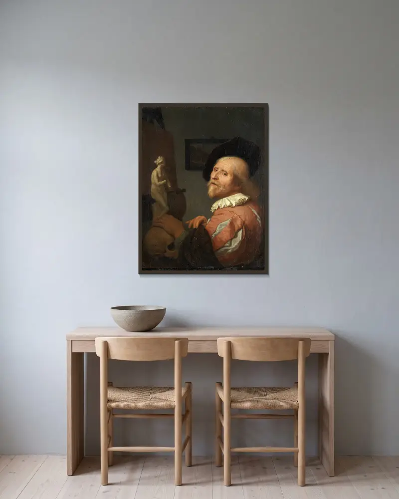 Porträtt av en konstnär i sin ateljé av Godfried Schalcken inramad på en vägg