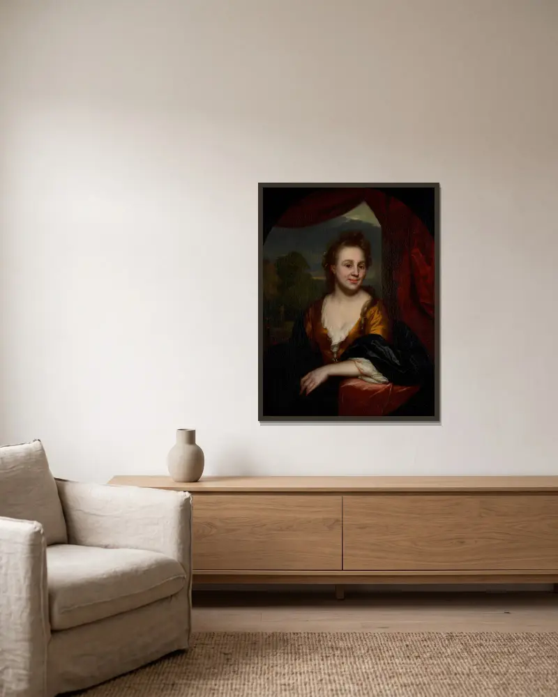 Porträtt av en okänd kvinna av Godfried Schalcken inramad på en vägg