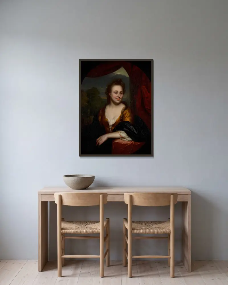 Porträtt av en okänd kvinna av Godfried Schalcken inramad på en vägg