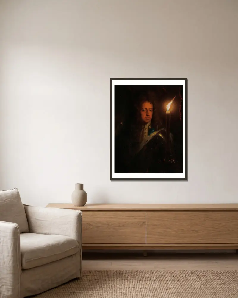 Porträtt av Vilhelm III (1650–1702), prins av Oranien, ståthållare och från 1689 kung av England av Godfried Schalcken inramad på en vägg
