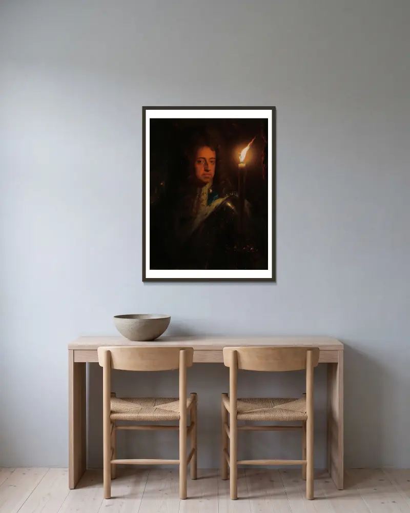 Porträtt av Vilhelm III (1650–1702), prins av Oranien, ståthållare och från 1689 kung av England av Godfried Schalcken inramad på en vägg