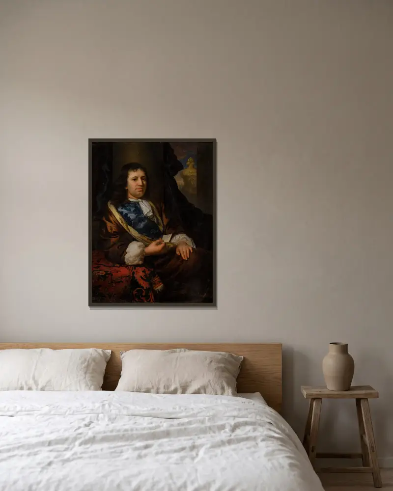 Porträtt av Johan de Bruin (1678–1746) av Godfried Schalcken inramad på en vägg