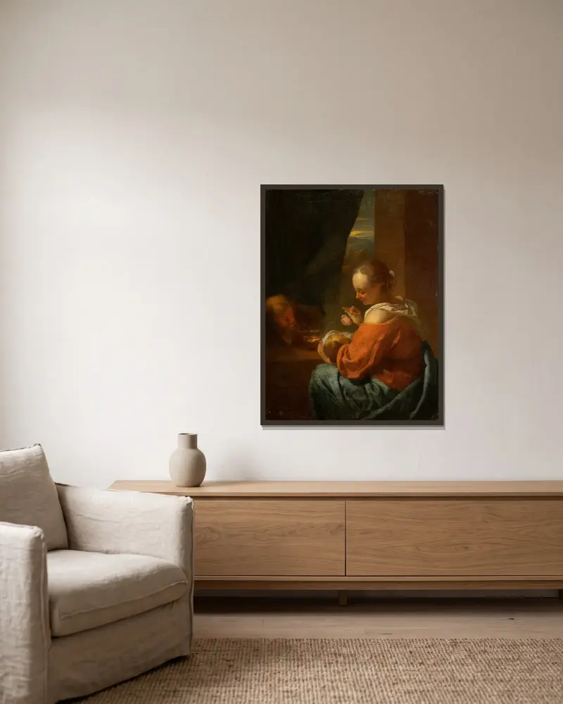 Den heliga familjen av Godfried Schalcken inramad på en vägg