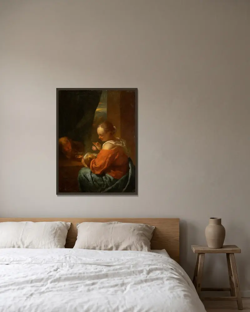 Den heliga familjen av Godfried Schalcken inramad på en vägg