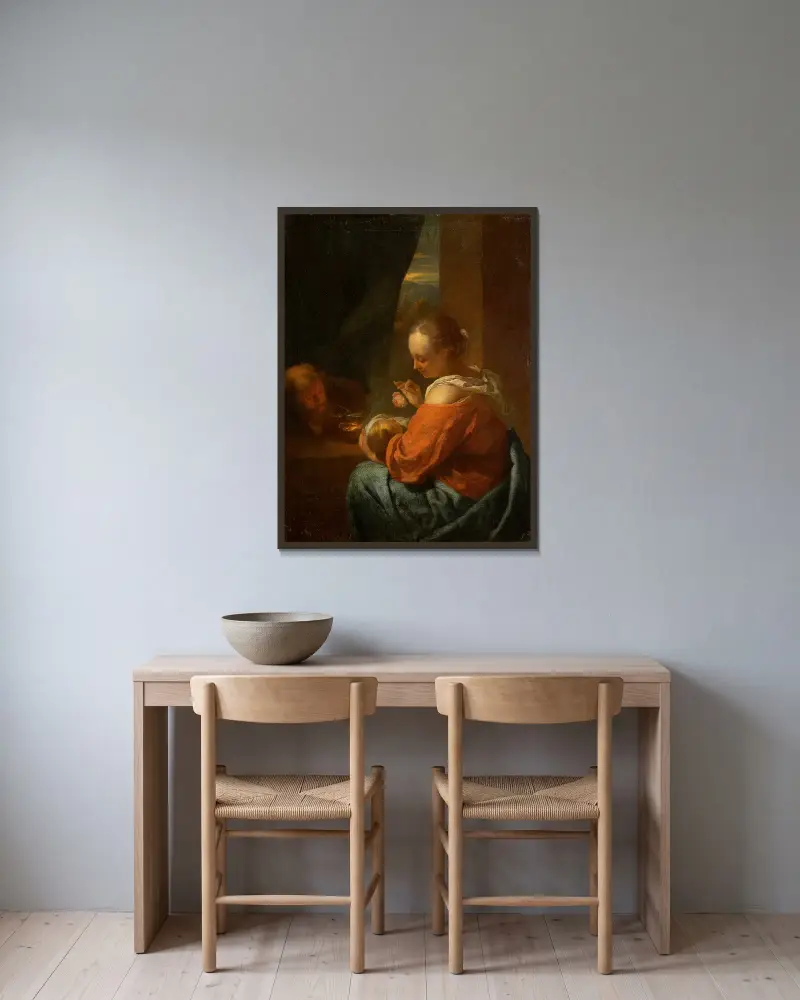 Den heliga familjen av Godfried Schalcken inramad på en vägg