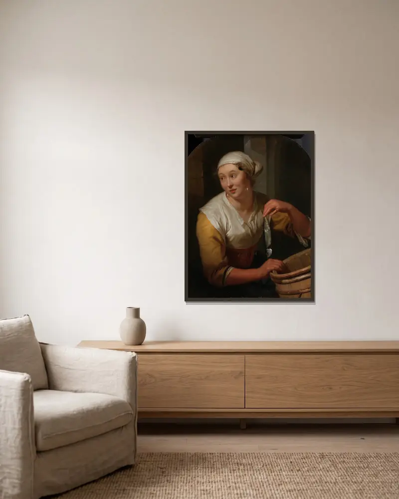 Frau, die Heringe verkauft von Godfried Schalcken gerahmt an einer Wand
