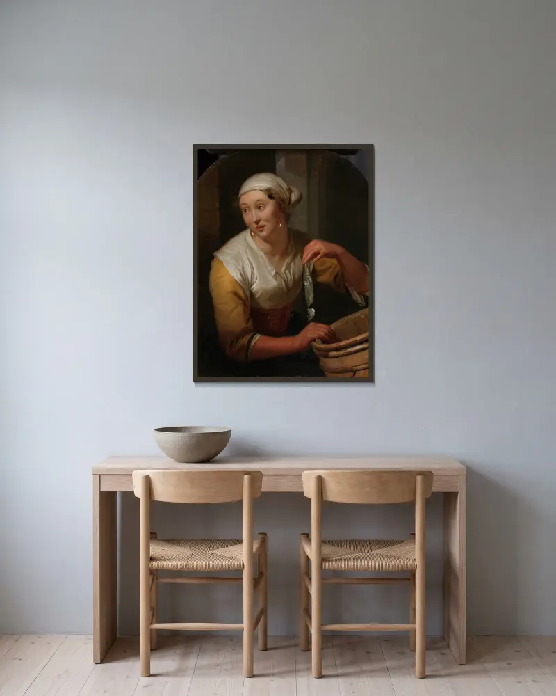 Frau, die Heringe verkauft von Godfried Schalcken gerahmt an einer Wand