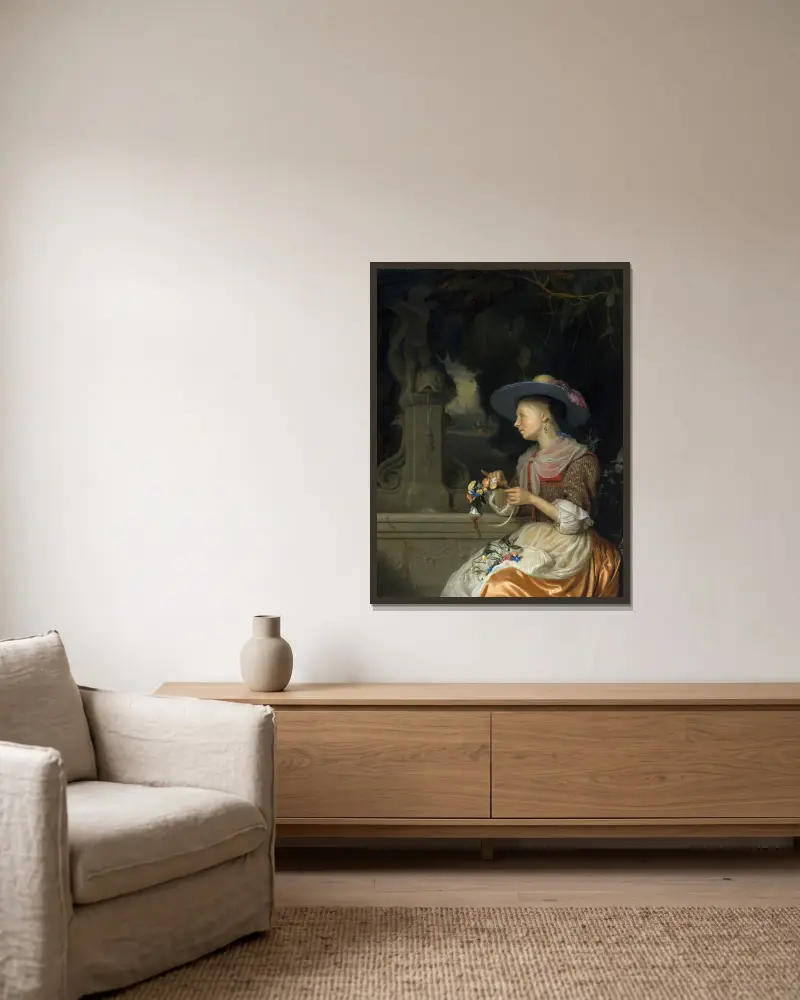 Frau, die einen Blumenkranz flicht von Godfried Schalcken gerahmt an einer Wand