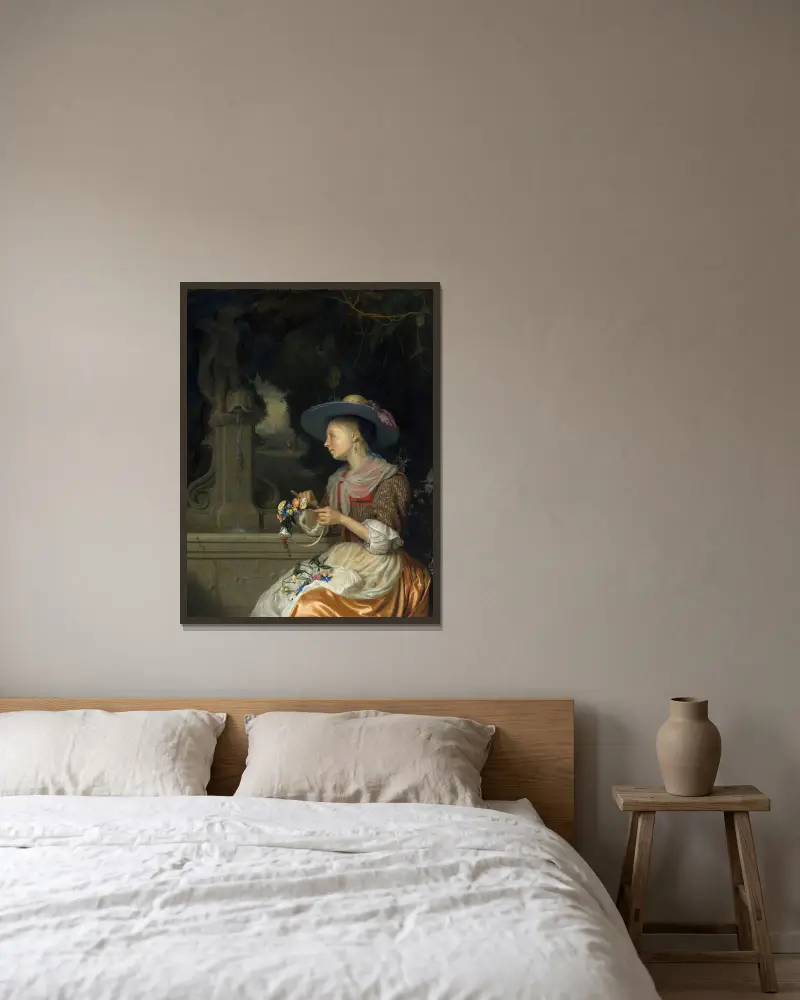 Frau, die einen Blumenkranz flicht von Godfried Schalcken gerahmt an einer Wand
