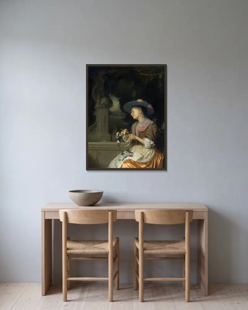 Frau, die einen Blumenkranz flicht von Godfried Schalcken gerahmt an einer Wand