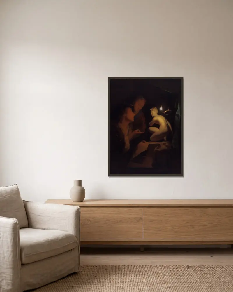 Ung man och kvinna som studerar en Venusstaty i lampljus av Godfried Schalcken inramad på en vägg