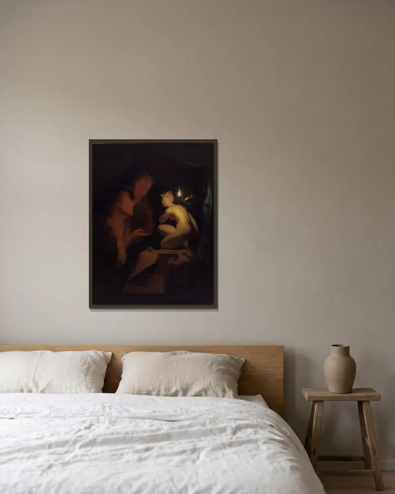 Ung man och kvinna som studerar en Venusstaty i lampljus av Godfried Schalcken inramad på en vägg