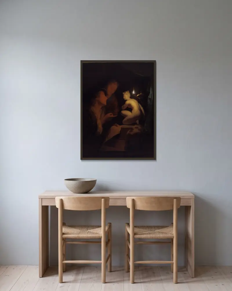 Ung man och kvinna som studerar en Venusstaty i lampljus av Godfried Schalcken inramad på en vägg