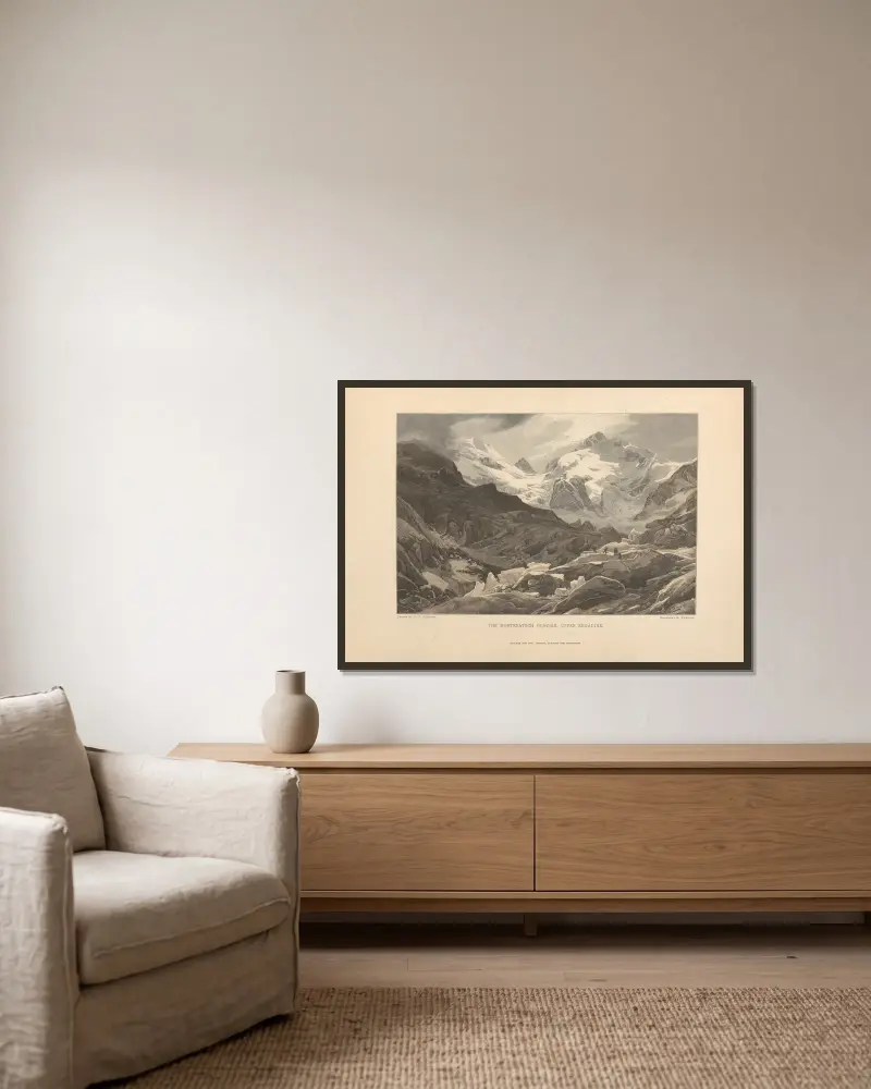 Der Morteratschgletscher, Oberengadin von Theodor Gsell Fels gerahmt an einer Wand