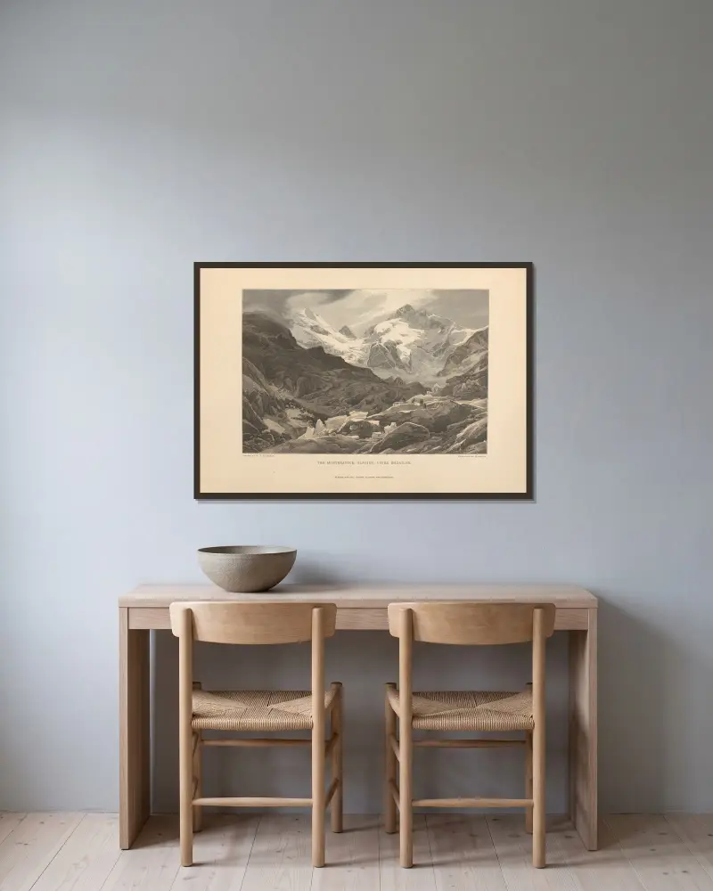Der Morteratschgletscher, Oberengadin von Theodor Gsell Fels gerahmt an einer Wand