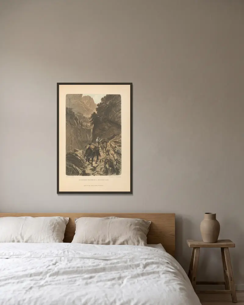 Packhästar som korsar ett bergspass av Theodor Gsell Fels inramad på en vägg