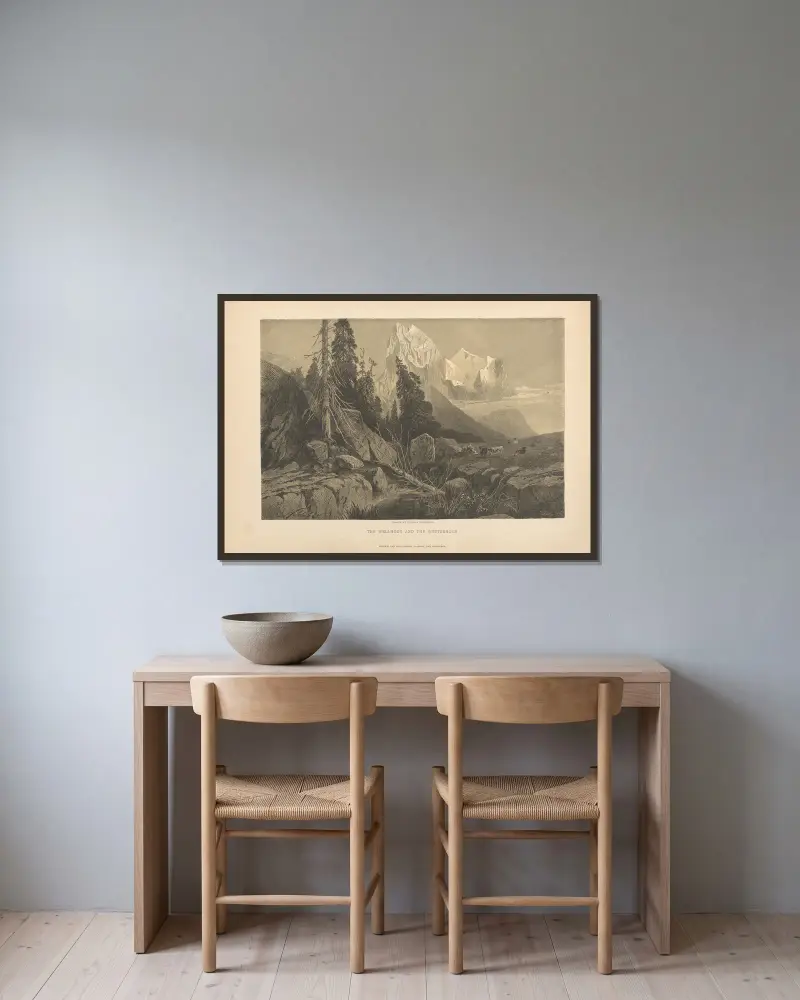 Das Wellhorn und das Wetterhorn von Theodor Gsell Fels gerahmt an einer Wand