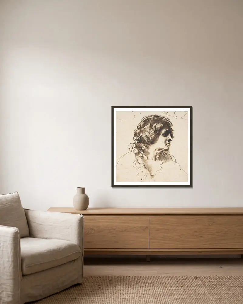Busta muže hledícího doprava, Guercino v rámu na stěně
