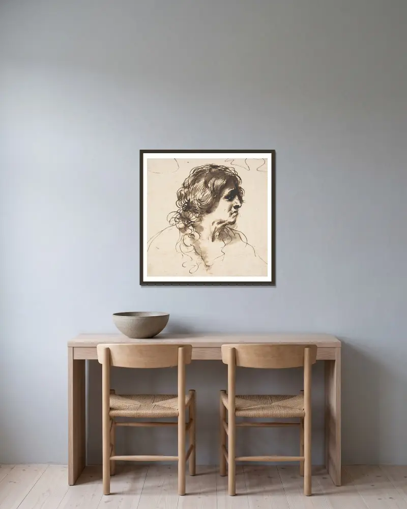 Busta muže hledícího doprava, Guercino v rámu na stěně