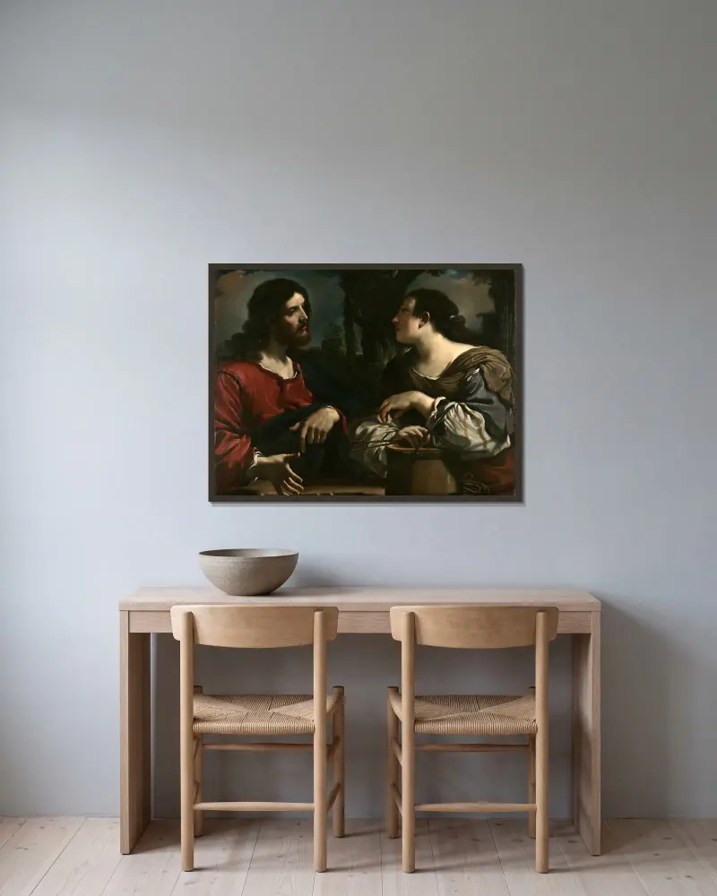 Kristus och kvinnan från Samaria av Guercino inramad på en vägg