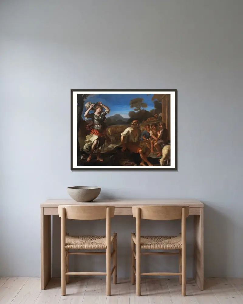 Erminia and the Shepherds av Guercino inramad på en vägg