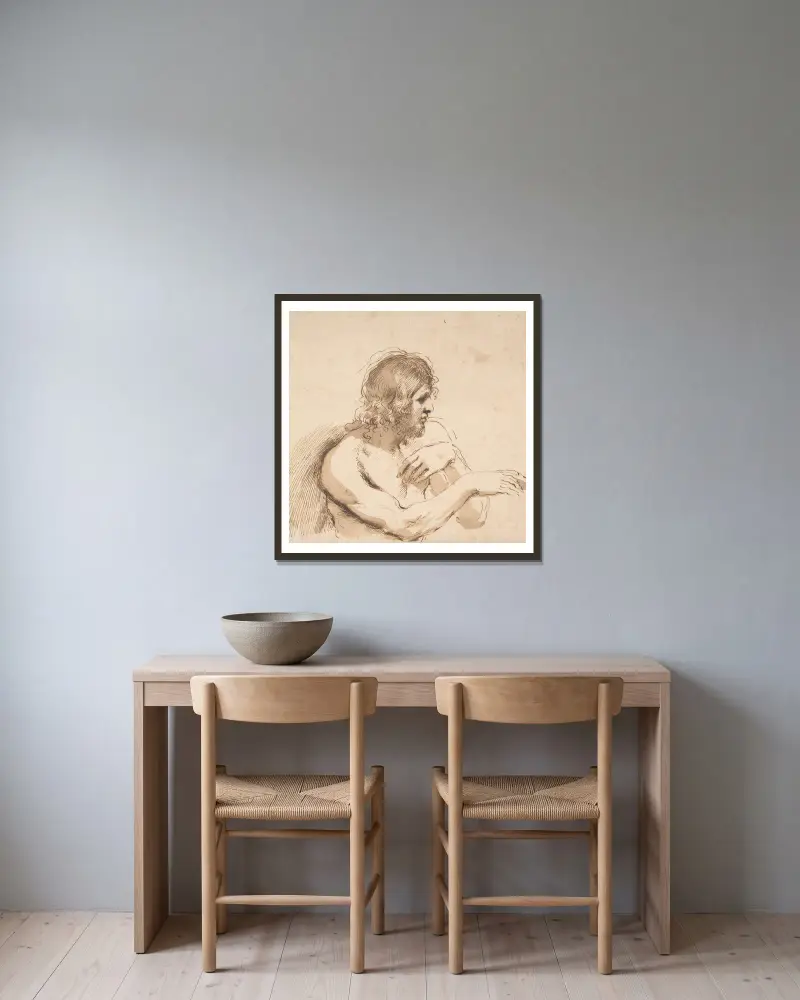Halbfigur eines nackten Mannes, nach rechts gewandt von Guercino gerahmt an einer Wand