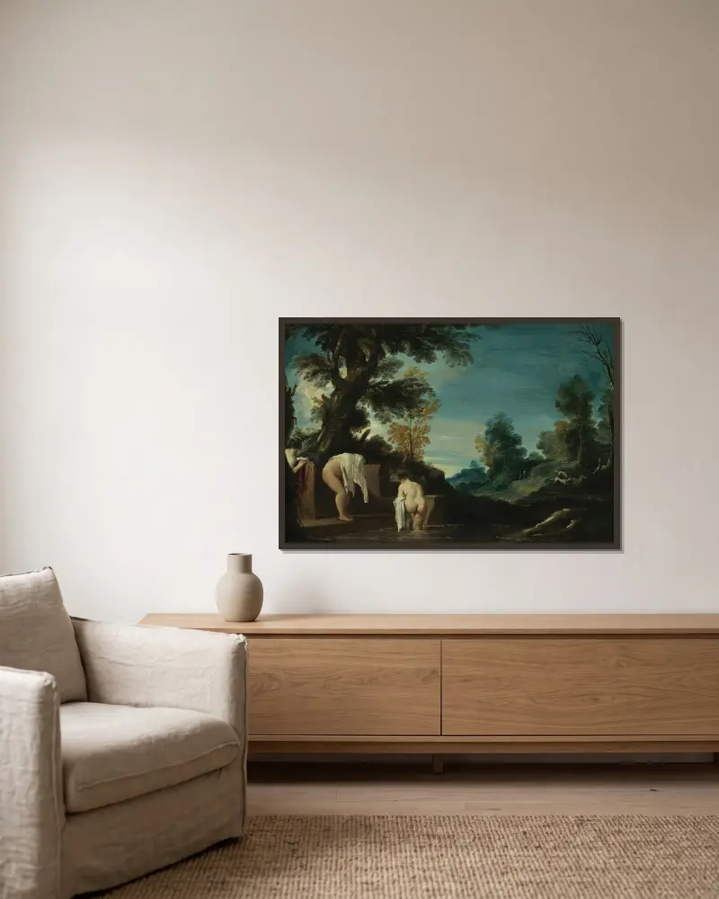 Krajina s koupajícími se ženami, Guercino v rámu na stěně