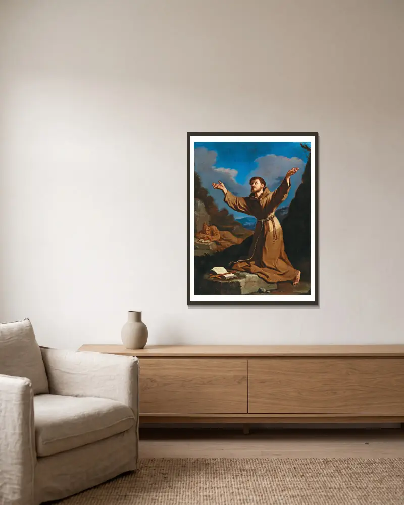 Saint Francis receiving the Stigmata av Guercino inramad på en vägg