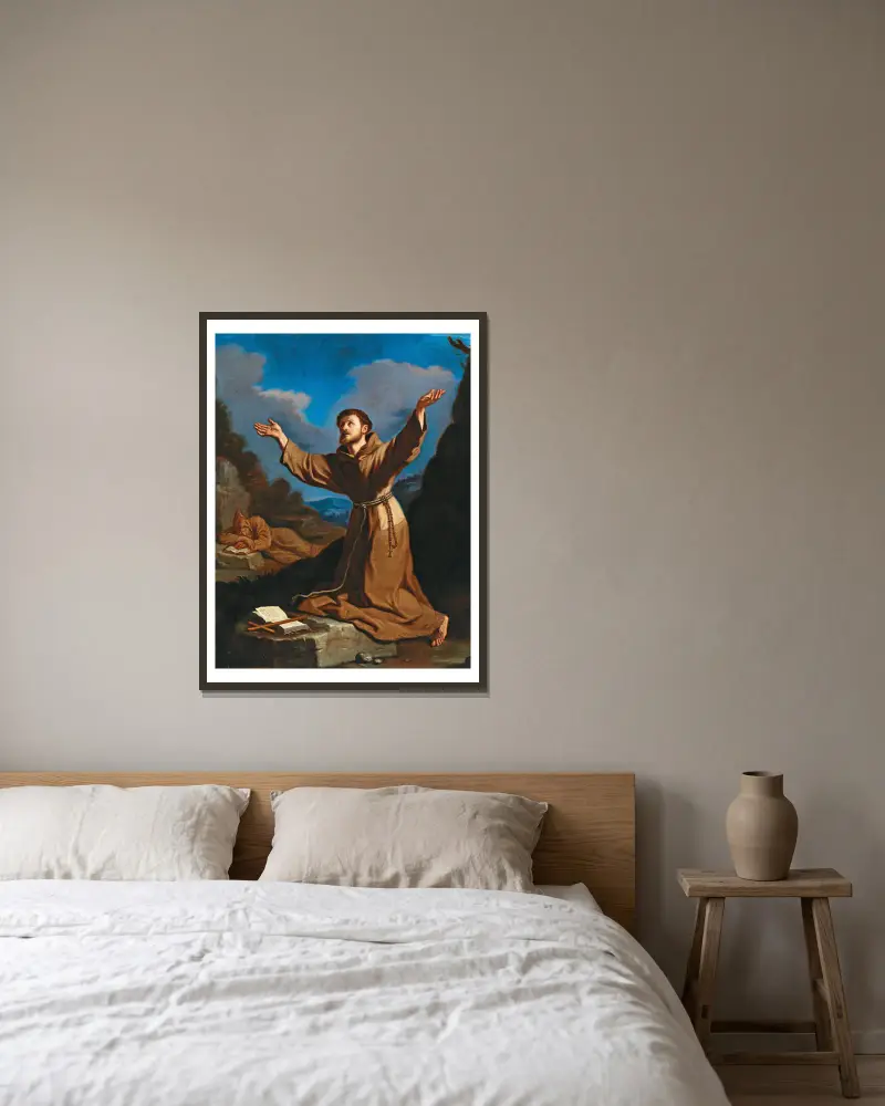 Saint Francis receiving the Stigmata av Guercino inramad på en vägg