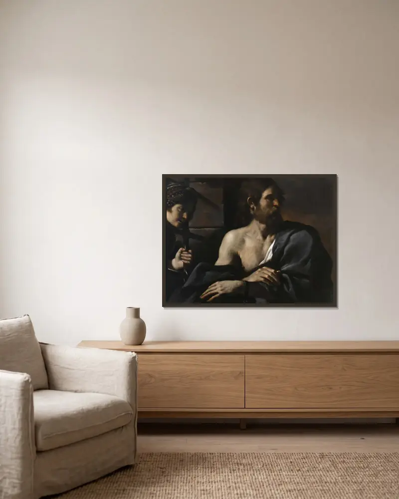 Johannes Döparen i fängelset besöks av Salome av Guercino inramad på en vägg