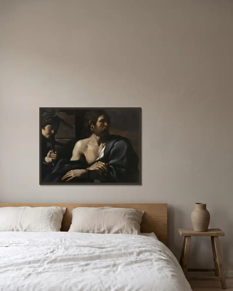 Johannes Döparen i fängelset besöks av Salome av Guercino inramad på en vägg