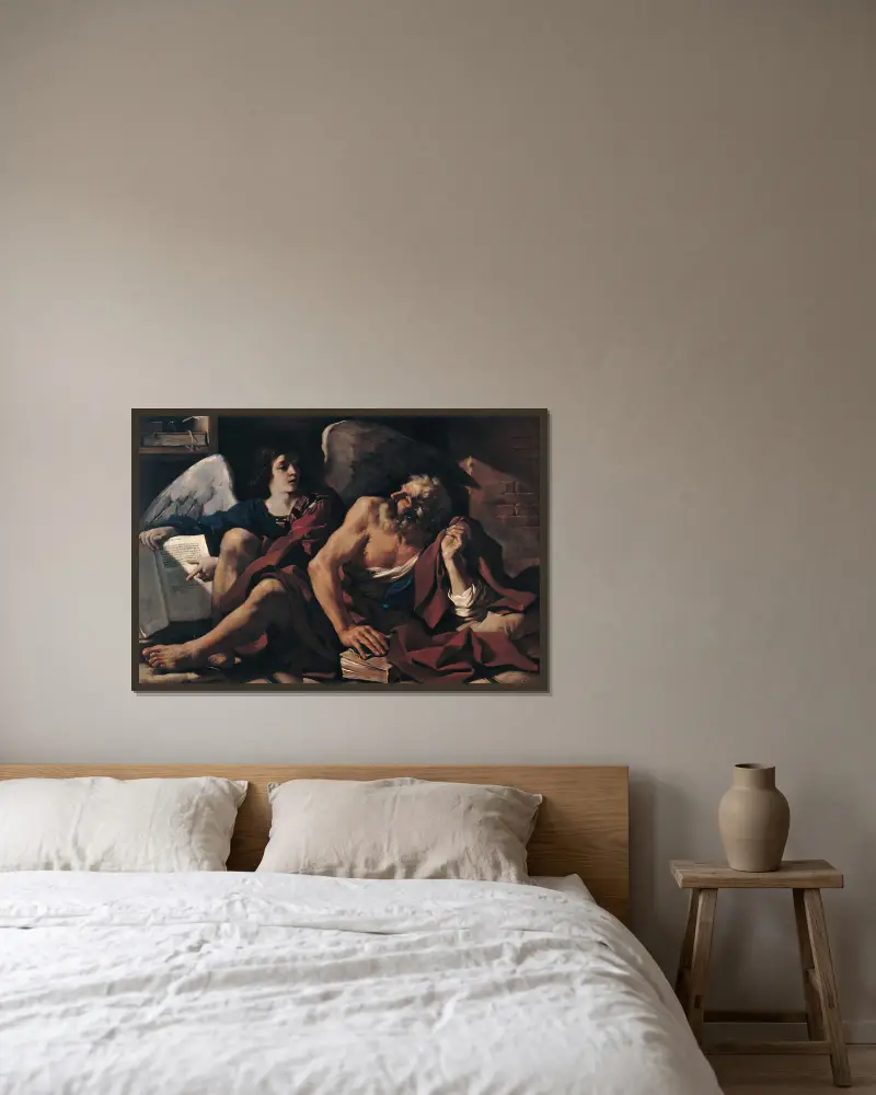 Saint Matthew and the Angel av Guercino inramad på en vägg