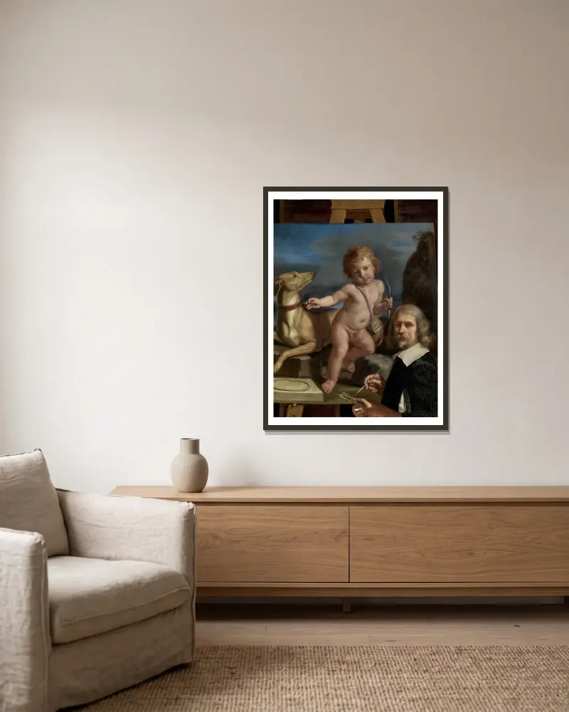Self-Portrait before a Painting of Amor Fedele av Guercino inramad på en vägg