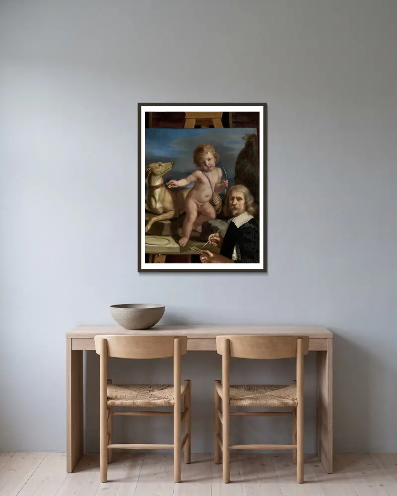 Self-Portrait before a Painting of Amor Fedele av Guercino inramad på en vägg