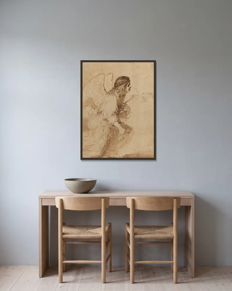 Ängeln i bebådelsen av Guercino inramad på en vägg