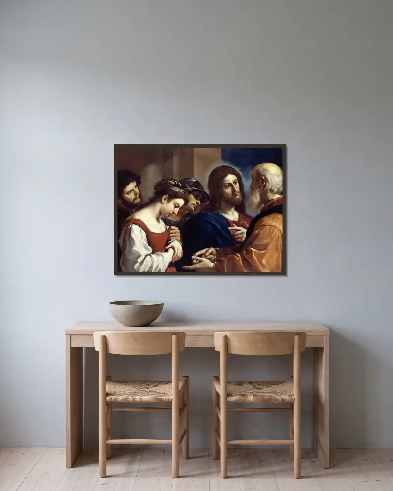 The Woman Taken In Adultery av Guercino inramad på en vägg