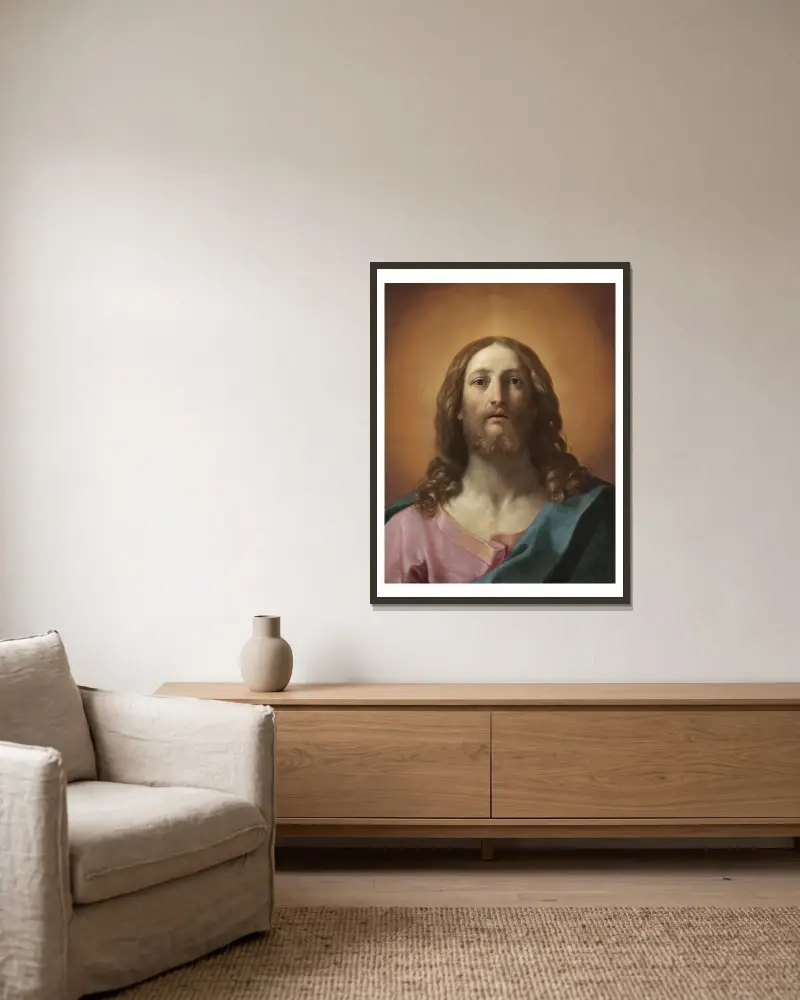 Bust Of Christ (Salvator Mundi) av Guido Reni inramad på en vägg