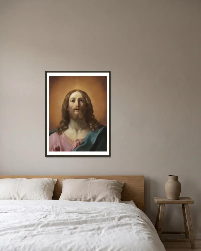 Bust Of Christ (Salvator Mundi) av Guido Reni inramad på en vägg