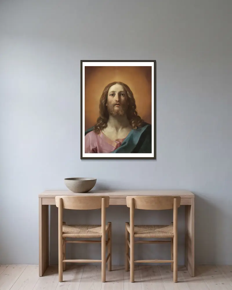 Bust Of Christ (Salvator Mundi) av Guido Reni inramad på en vägg