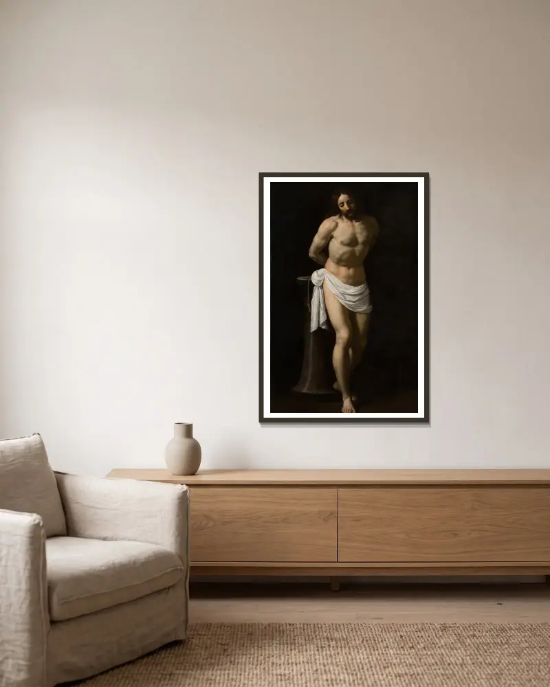Christ at the Column av Guido Reni inramad på en vägg