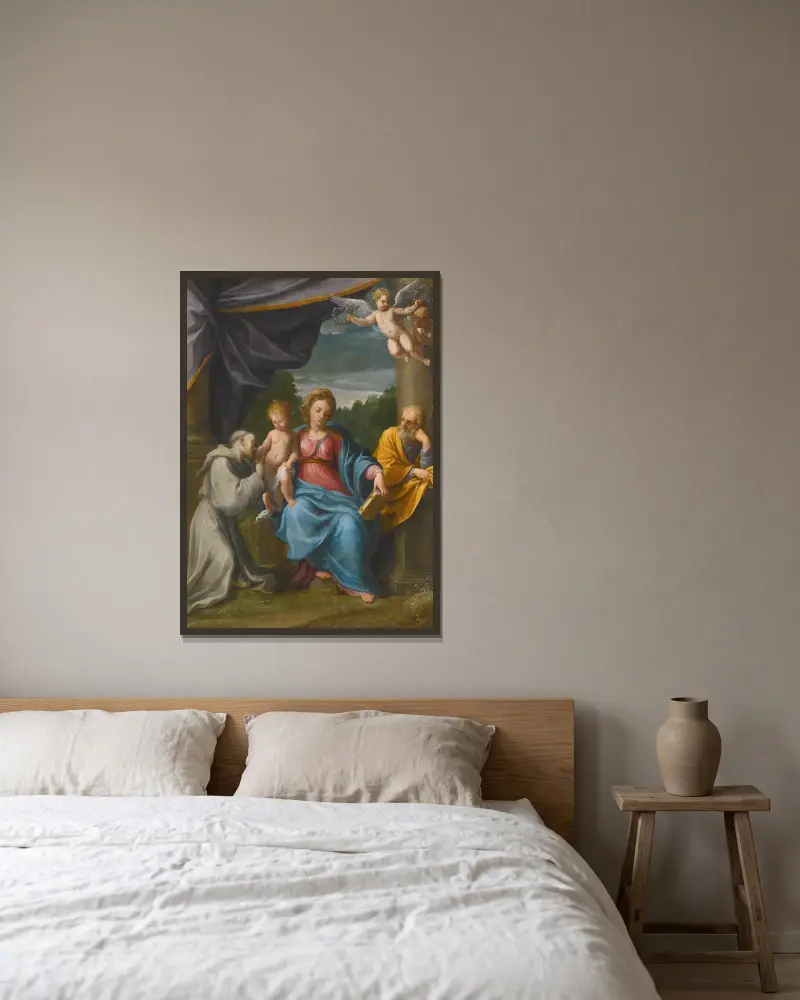 Den heliga familjen med Franciskus av Guido Reni inramad på en vägg