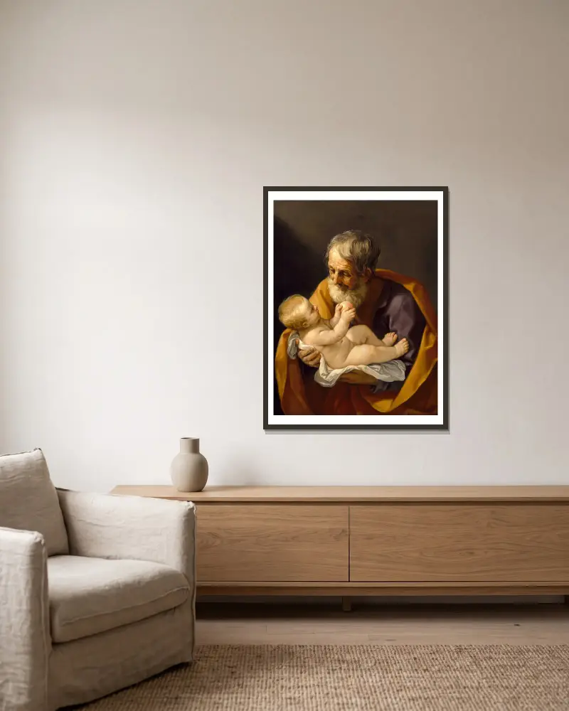 Den helige Josef och Jesusbarnet av Guido Reni inramad på en vägg